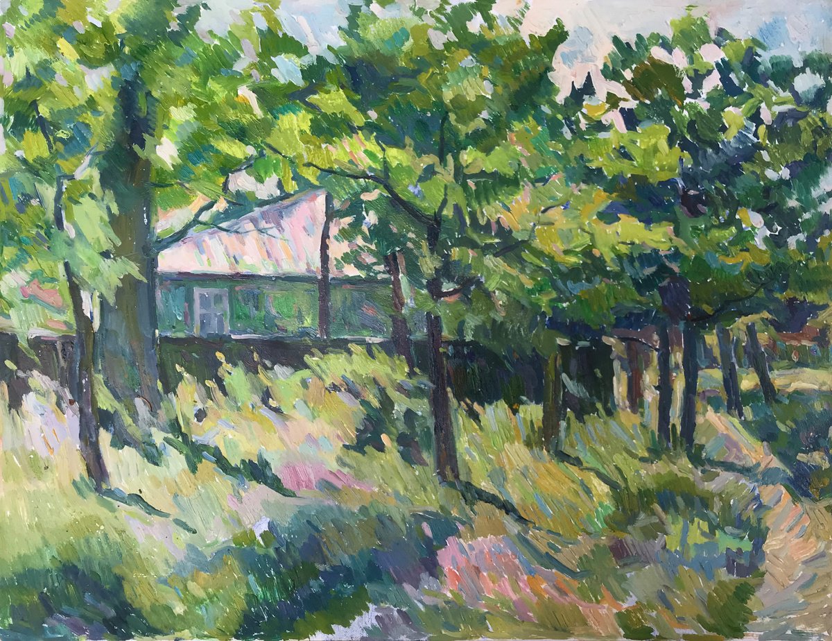 Impressionistic Landscape Oil Painting By Peter Tovpev, 21 X 16", Forest Landscape With A House, Original Artwork