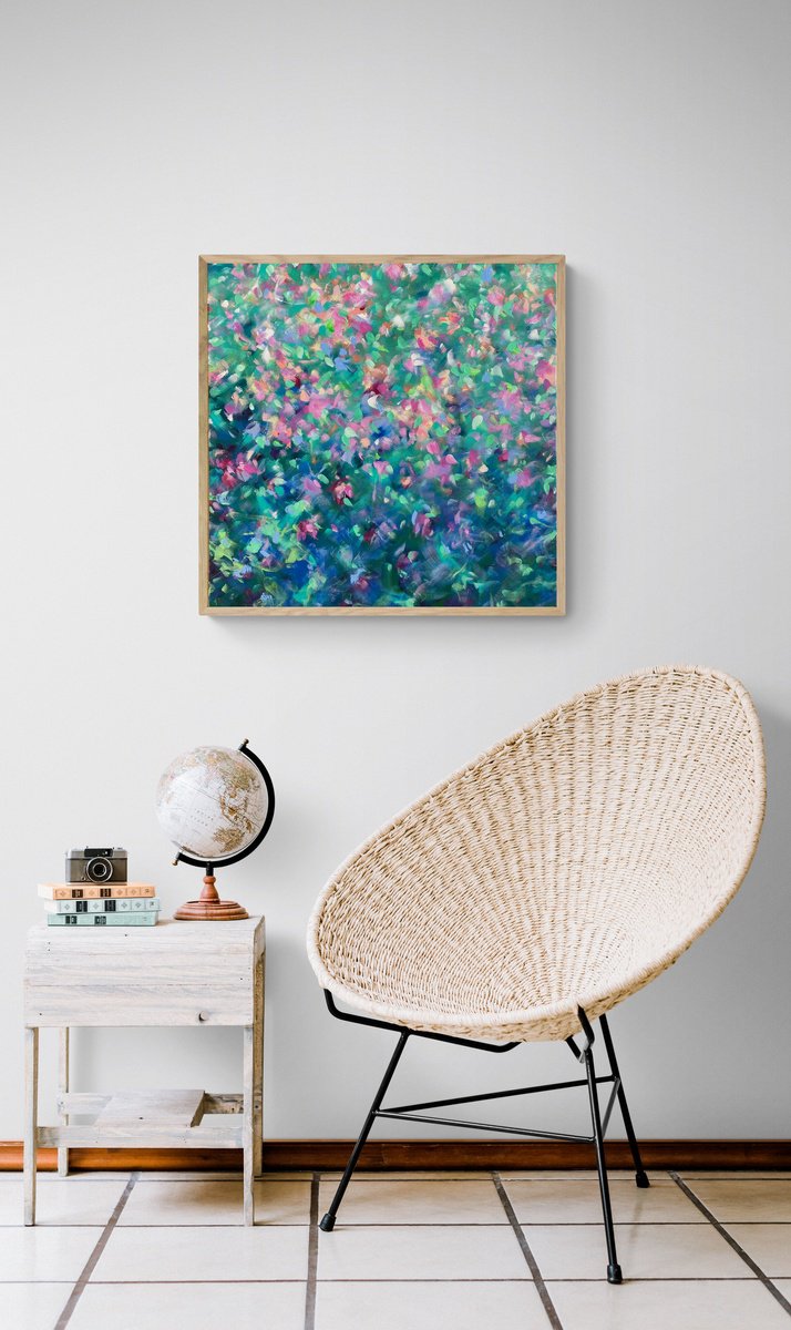Abstract Botanical Acrylic Painting By Katherine Spiller, 25 X 25", Garden Treasures, Original Artwork