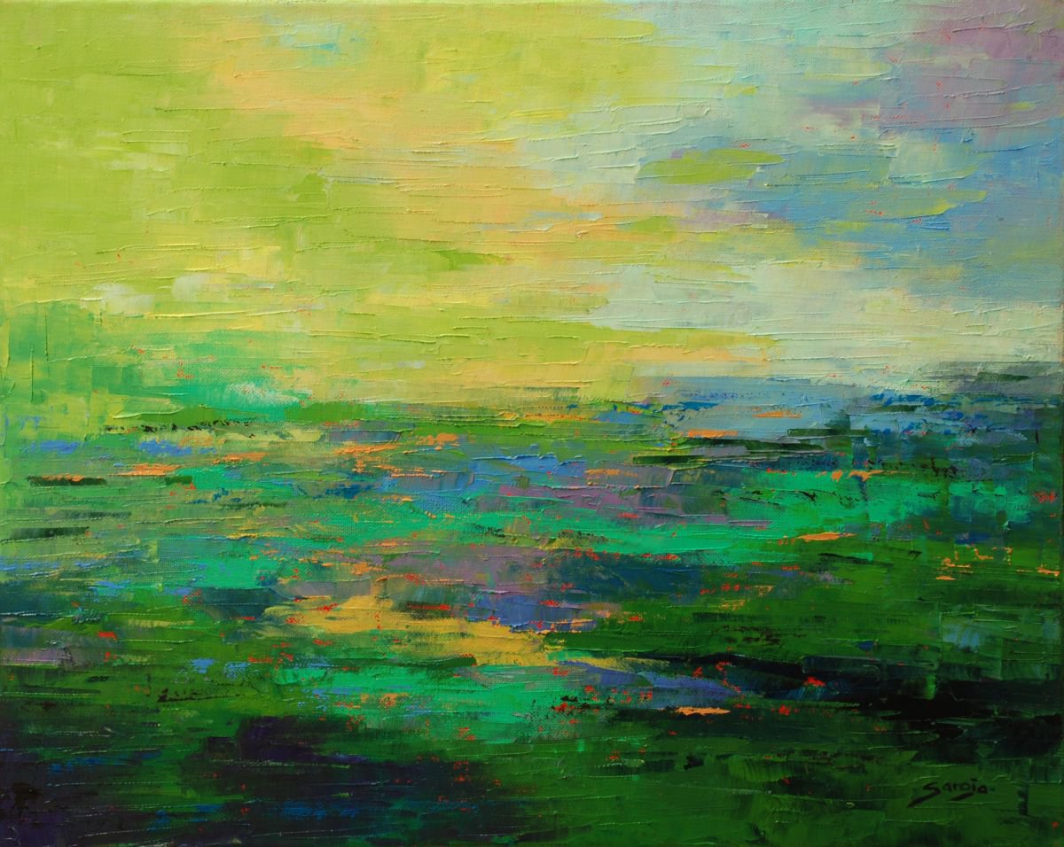 Abstract Landscape Oil Painting By Saroja Van Der Stegen, 21 X 17", Ref1265-10P Silent Green Day, Original Artwork