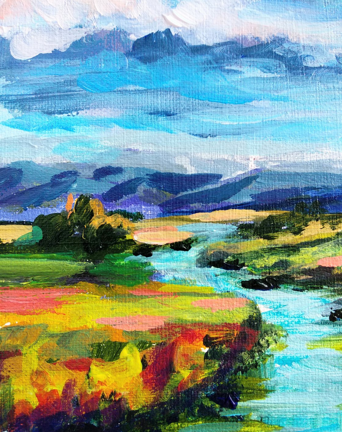 55 Acrylic landscape painting, abstract, canvas, impressionistic blue clouds farm, resin finish, top Iowa landscape artwork gift original summer