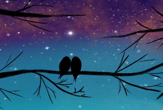 birds on a starry night wire tree print blue edition
