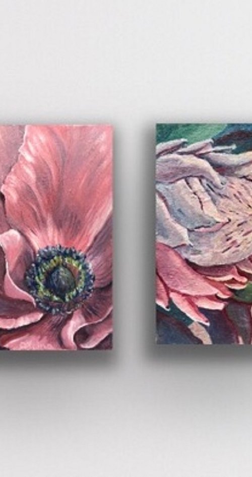 115 Set of 2 Flower oil artworks, Pink flower, Pink Gallery wall art, Original oil art on canvas, Floral Wall Decor by Olga Volna