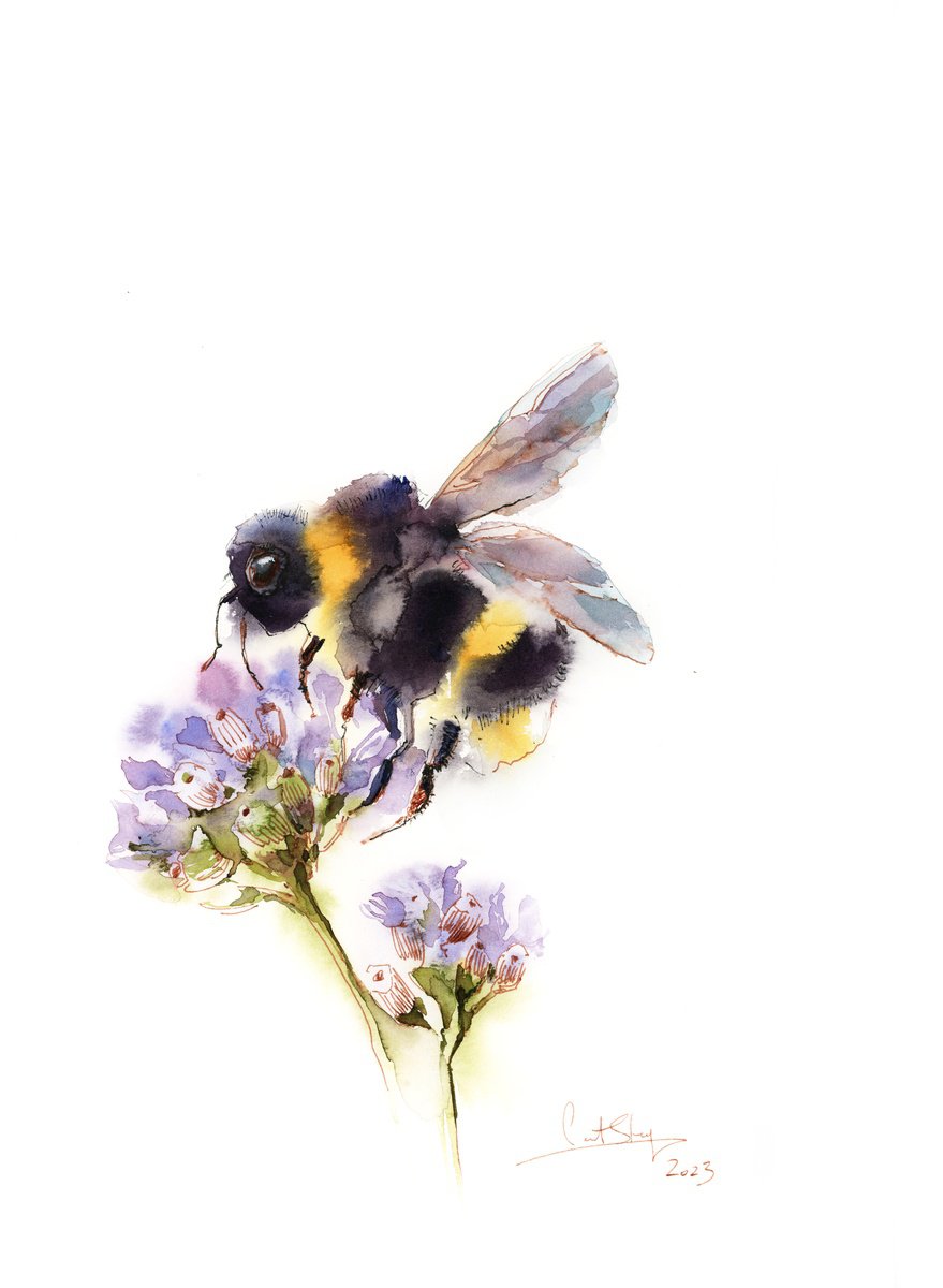 Bumblebee on Flowers Watercolor Painting by Sophie Rodionov