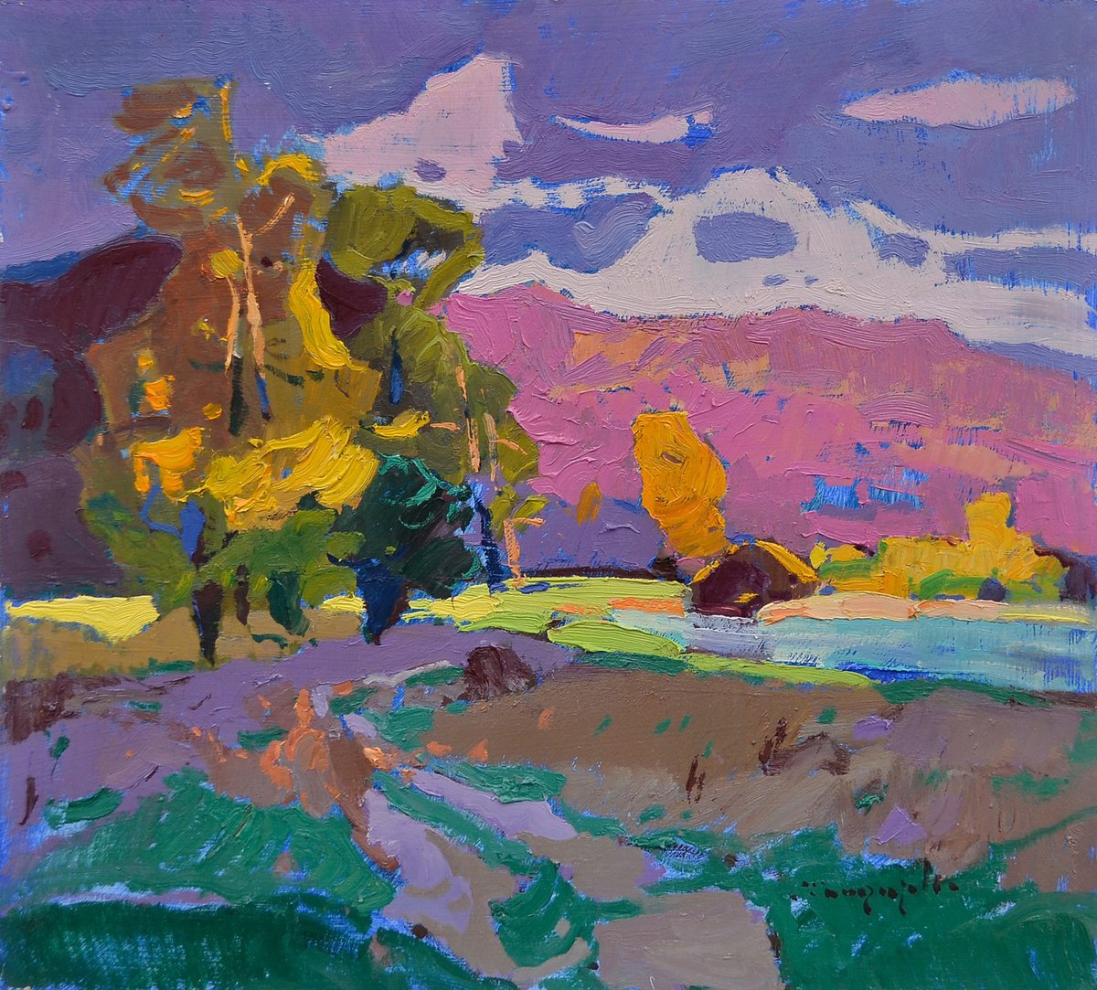 Impressionistic Landscape Oil Painting By Alexander Shandor, 24 X 22, Warm Echoes, Original Artwork