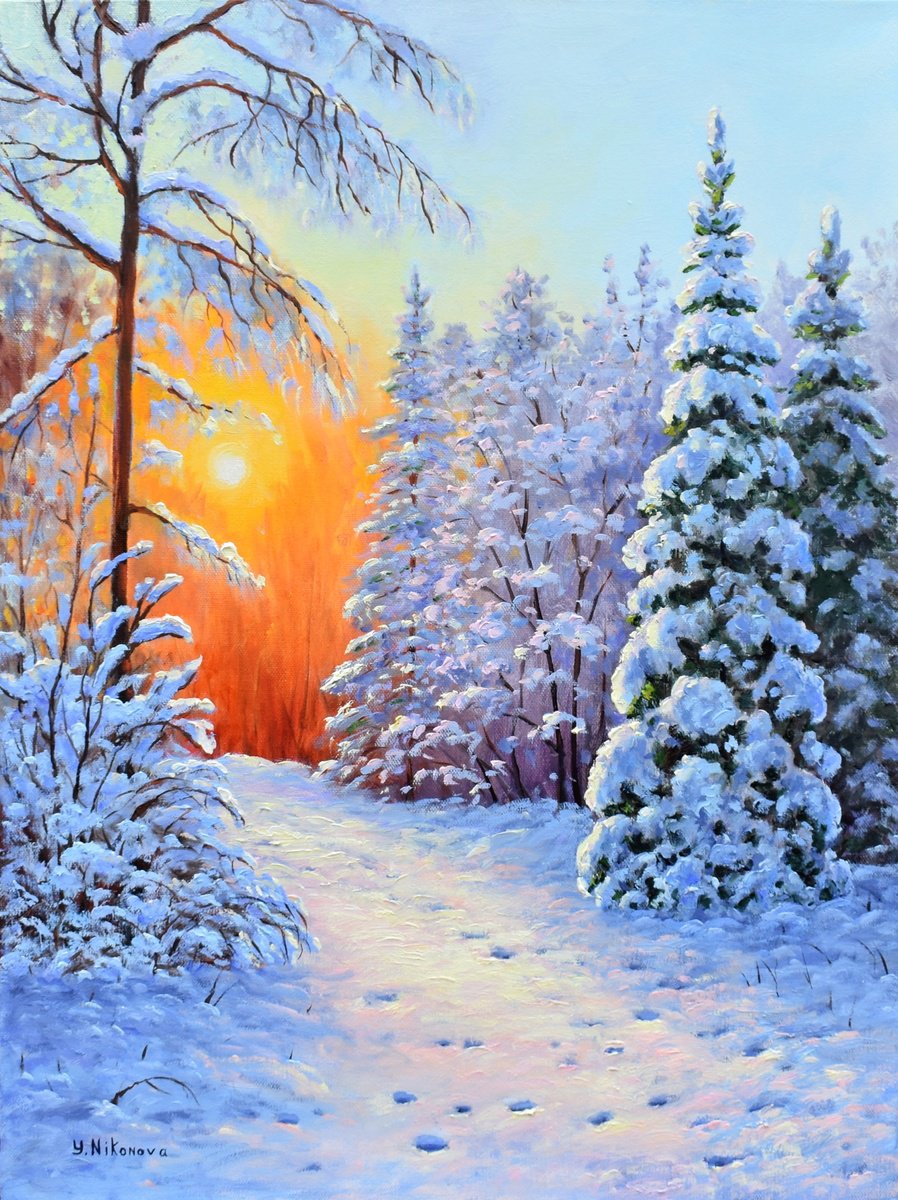 Impressionistic Landscape Oil Painting By Yulia Nikonova, 18 X 24", The Weight Of Snow, Original Artwork