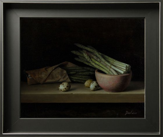 Asparagus and quail eggs, 30x40cm, oil no canvas, 2018, original classic still life