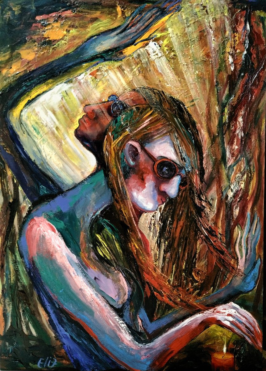 Expressive Portrait Acrylic Painting By Elisheva Nesis, 20 X 28, The Sun And A Candle, Original Artwork