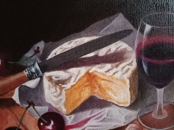 "Still life with cheese and cherries", original oil painting
