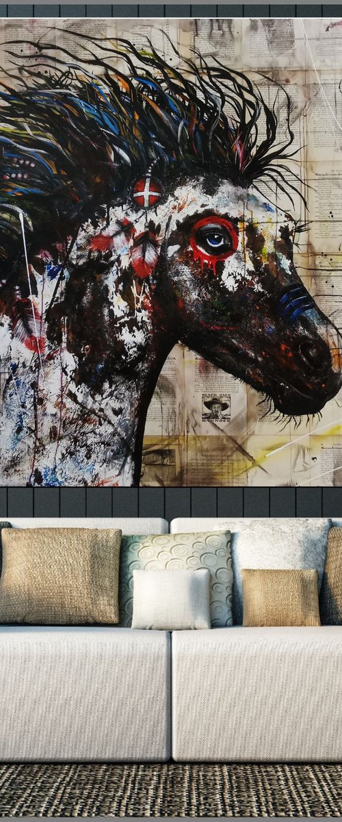 Ahiga War Horse -Spirited 120cm x 150cm Indian War Horse Book Page Urban Pop Art by Franko