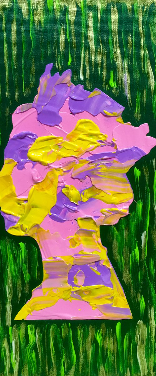 Queen #85 Royal green, gold, pink abstract portrait inspired by Queen Elizabeth II by Olga Koval