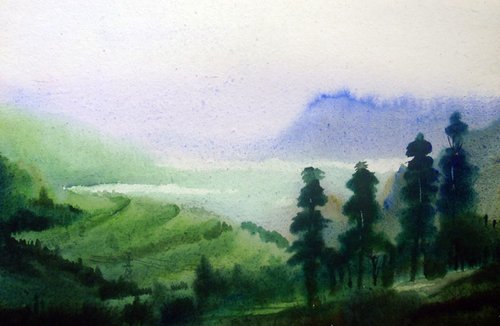 Morning Himalaya Landscape - Watercolor on paper by Samiran Sarkar