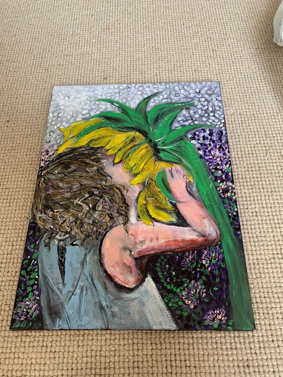 Sunflower Girl Painting of Girl with Sunflower Art Original Painting Ready to Hang Canvas Artwork for Sale Free Delivery 30x40cm