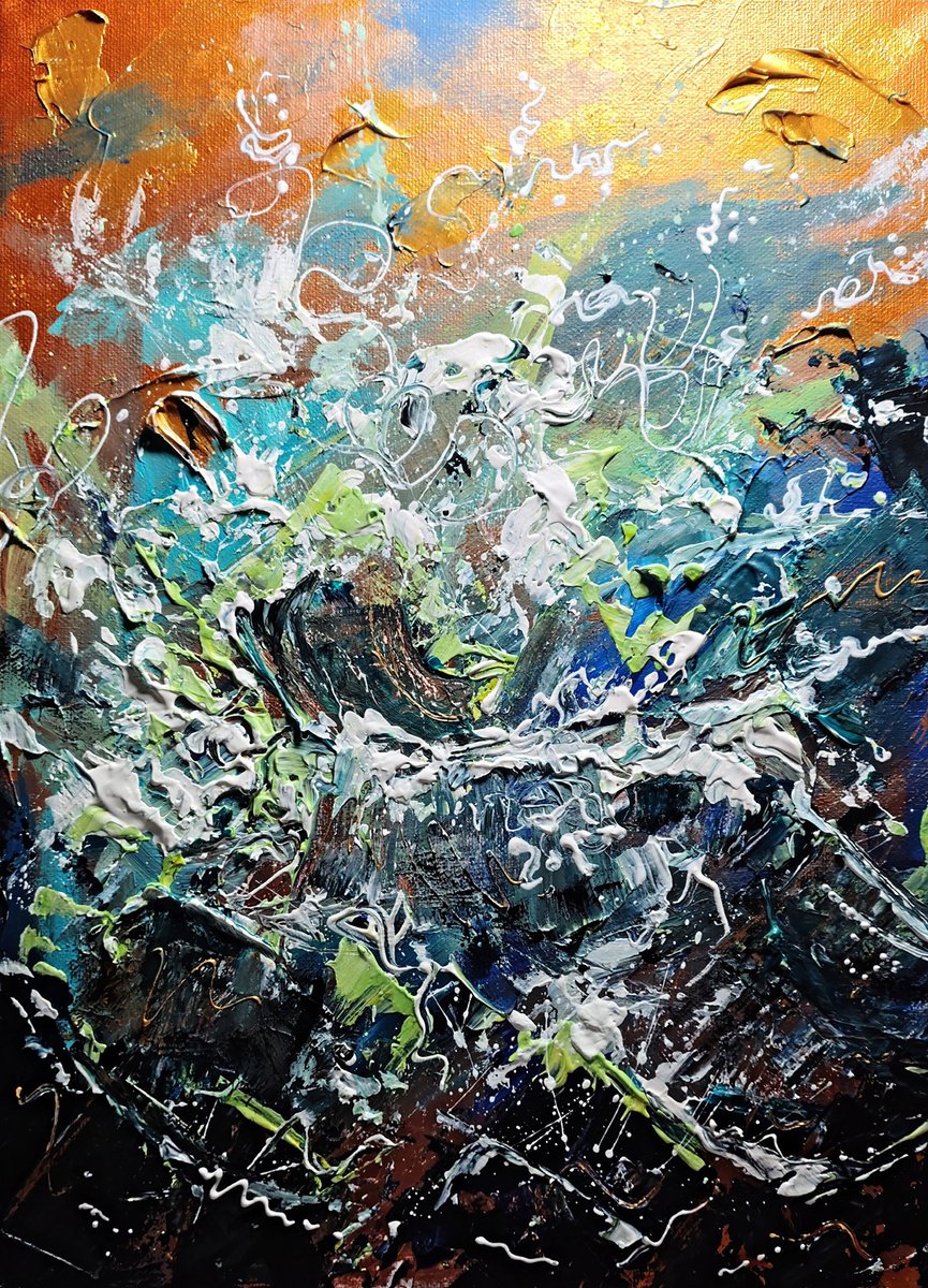 Abstract Acrylic Painting By Andrew Alan Johnson, 12 X 17, Abstract - Waves Against Rocks, Original Artwork