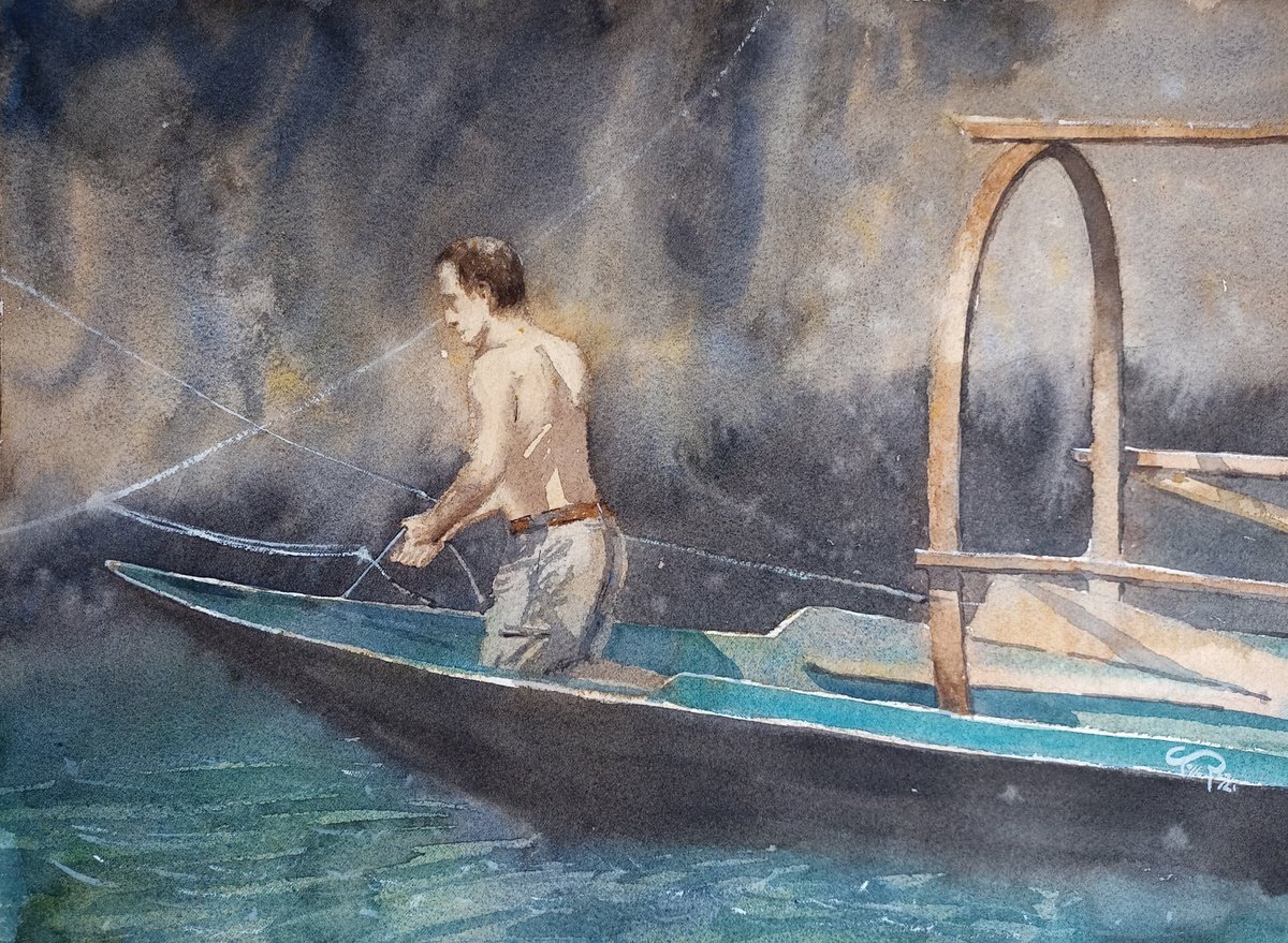 Expressive Portrait Watercolour By Tollo Pozzi, 15 X 11", Mooring, Original Artwork