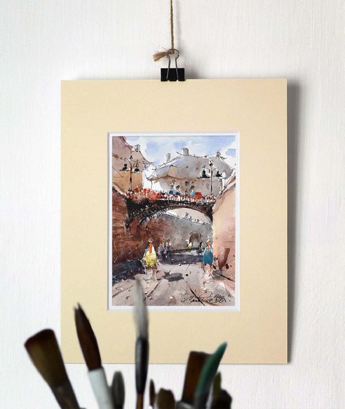 The Bridge of Lies, urban sketching original watercolor paitinting. by Marin Victor