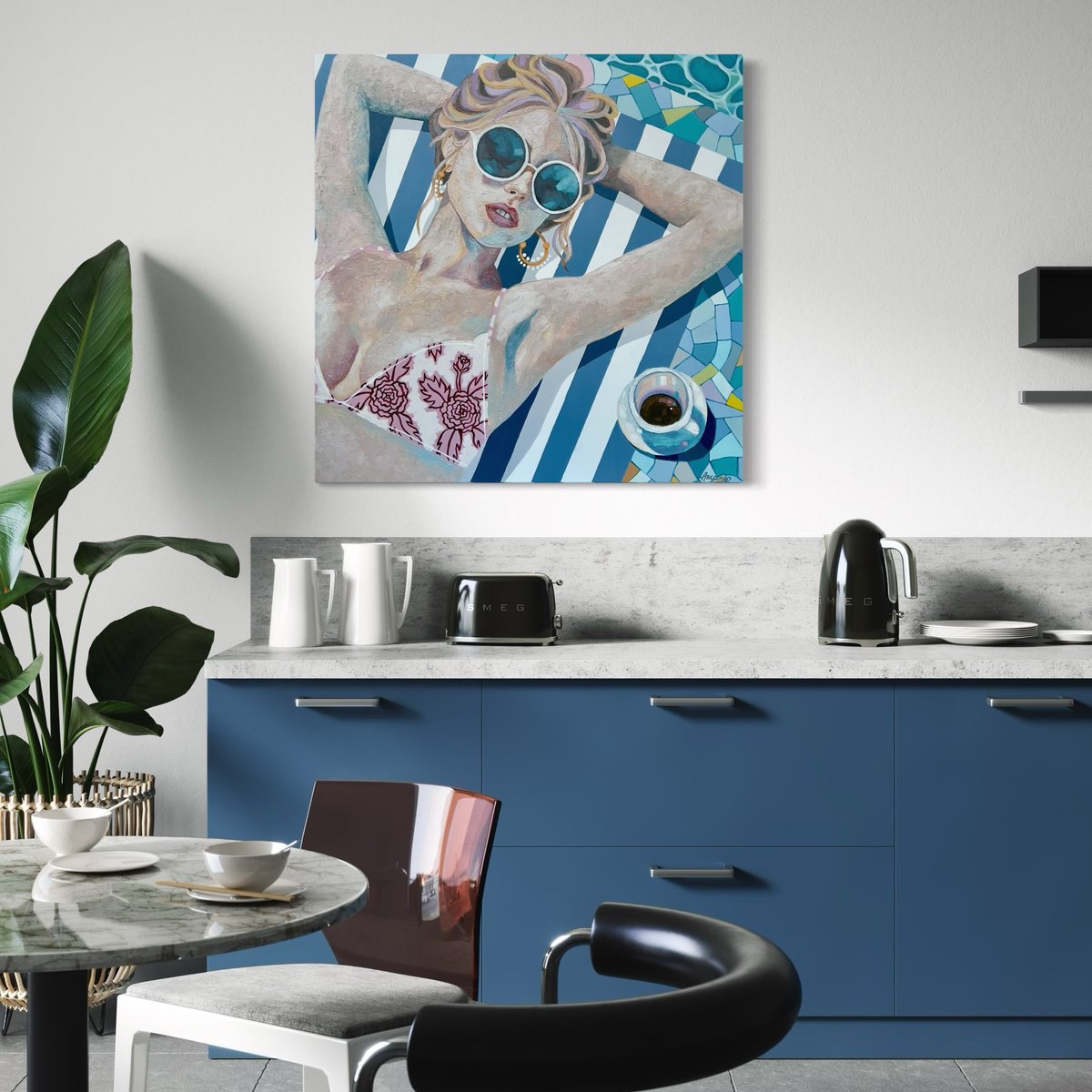 Impressionistic Portrait Acrylic Painting By Lisbeth Ascanio, 36 X 36", - Pool, Coffee And Peace - ?, Original Artwork