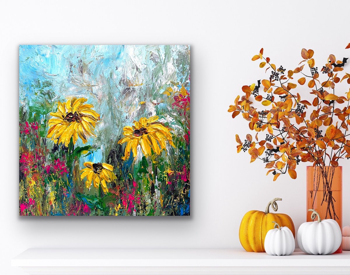 Abstract Botanical Acrylic Painting By Pooja Verma, 12 X 12", Susan Or The Sunflower, Original Artwork