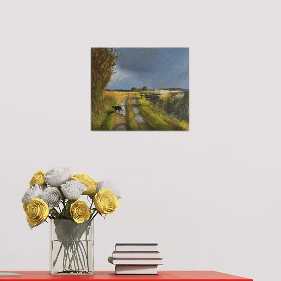 Impressionist English countryside with dog landscape.