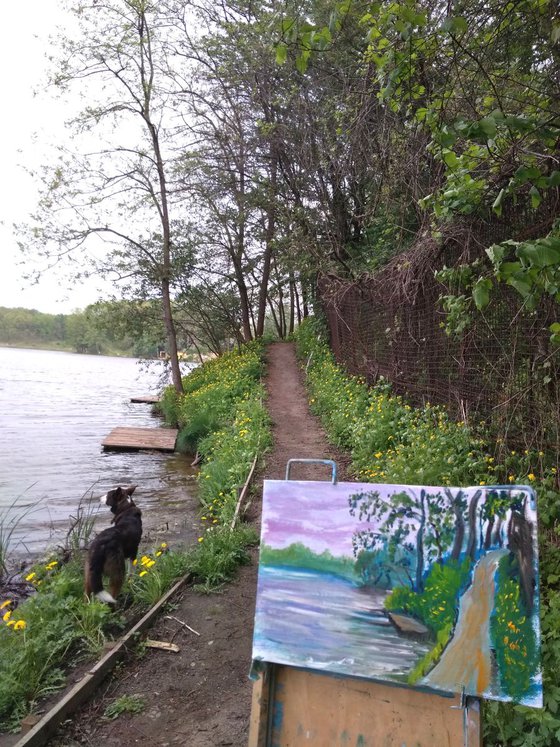 Overcast on the Pond in Village Plein Air Painting