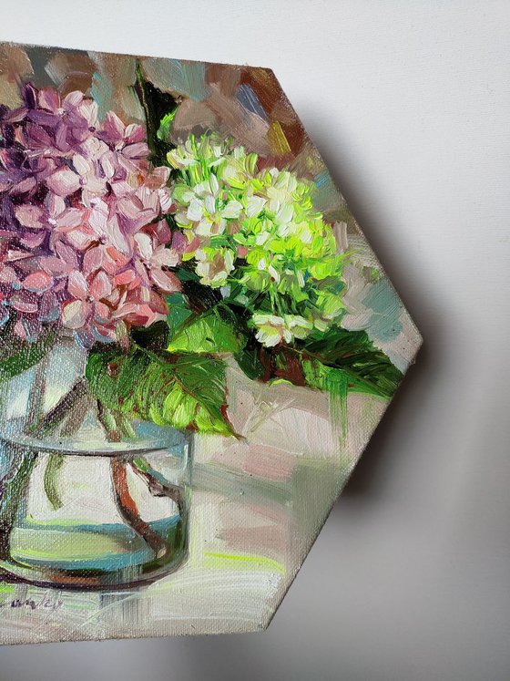 Hexagon oil painting hydrangea, Flowers painting original canvas art, Purple yellow Hortense in glass, Floral artwork oil