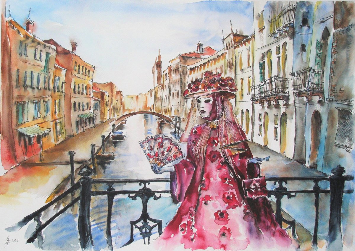 Impressionistic Cityscapes Watercolour By Szekelyhidi Zsolt, 19 X 13", Venice - Carnival, Original Artwork