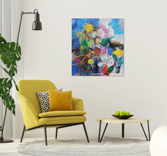 Sunflowers. Orchids. Fruits