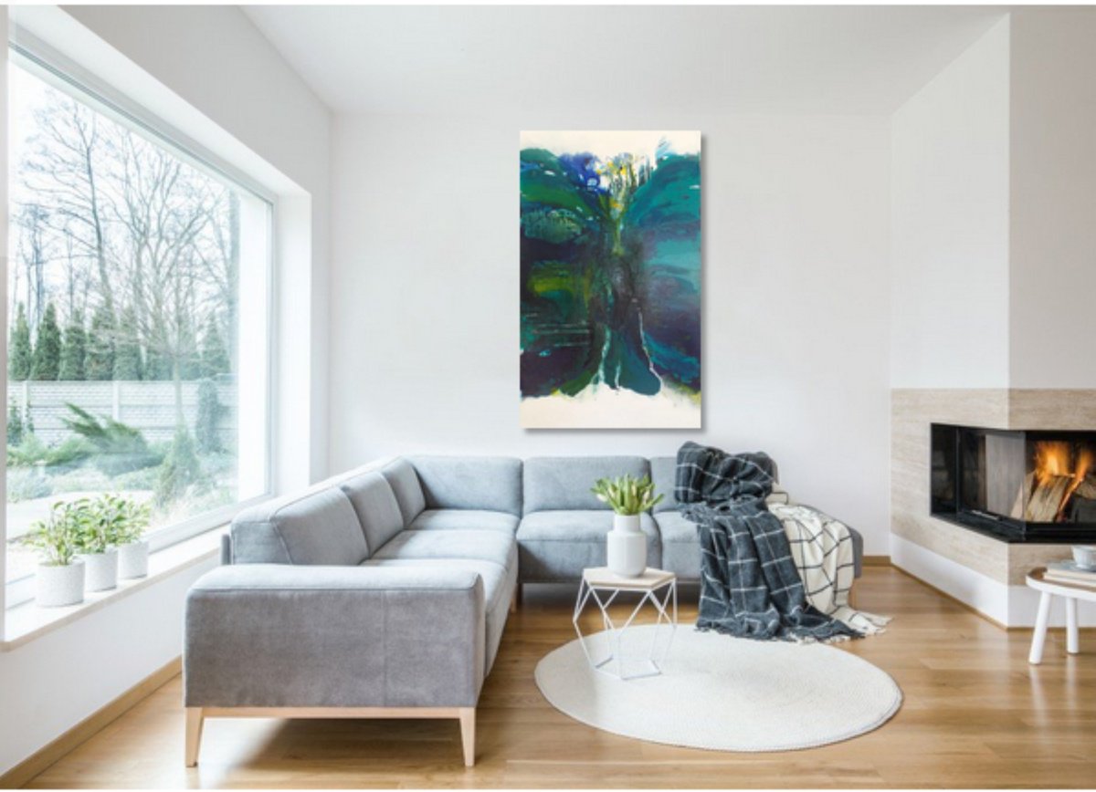 Abstract Painting By Christa Haack, 31 X 55, Seascape Blue 2, Original Artwork