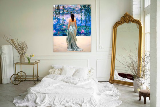 Woman in museum with Water Lilies painting Claude Monet - faceless portrait woman art, Gift