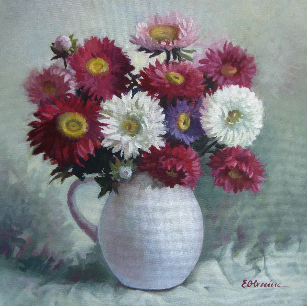 Impressionistic Botanical Acrylic Painting By Elena Oleniuc, 16 X 16, Flowers In White Vase, Original Artwork