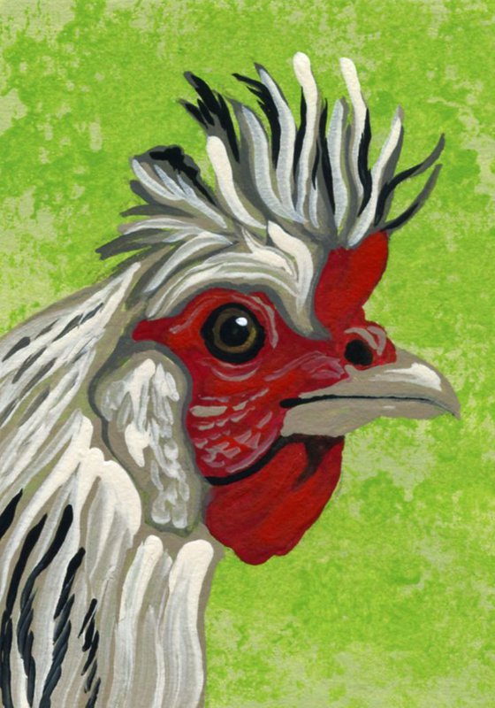 ACEO ATC Original Miniature Painting Fancy Chicken Bird Farmyard Art-Carla Smale