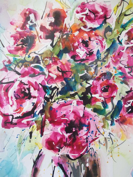 Roses In A Vase  - Watercolor Roses In A Vase Painting