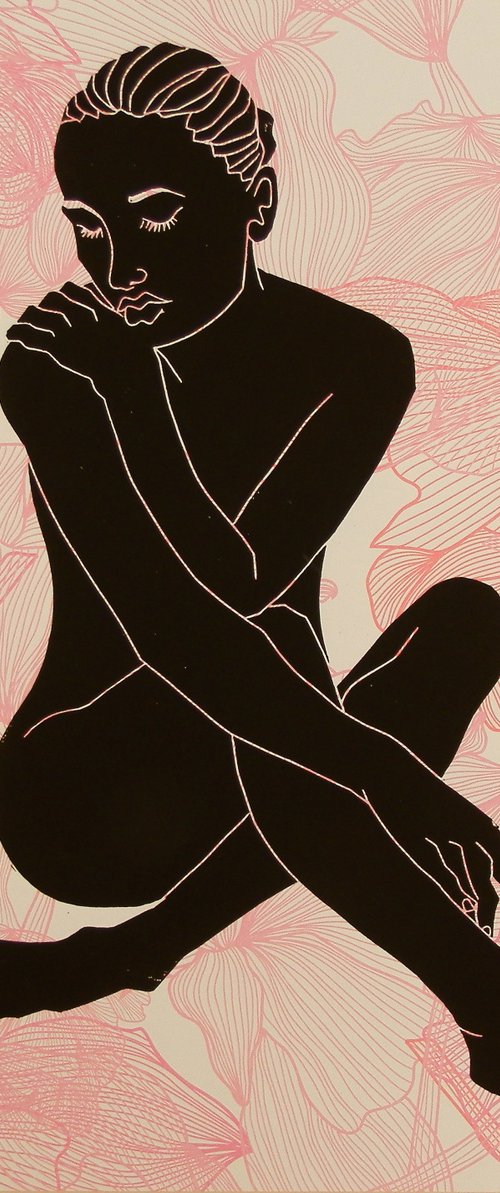 Seated Nude Lino Cut Hand Pulled Print by Andrew Orton