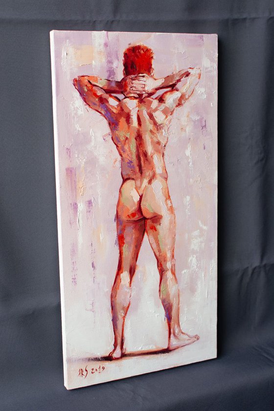 A Study of a Standing Nude Male Model #3 by Yaroslav Sobol - (Modern Impressionistic Figurative Oil painting of a Man Gift Home Decor)