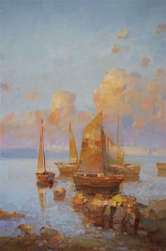 Sailing Boats Original oil painting  Handmade artwork One of a kind Large Size