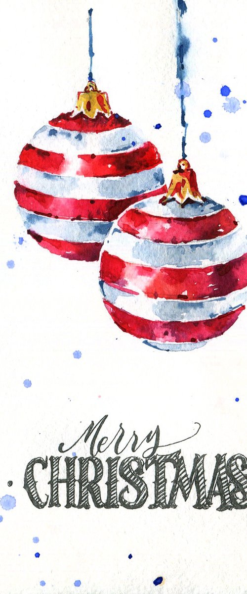 Watercolor New Year's card "Two Christmas balls in red and white stripes" by Ksenia Selianko