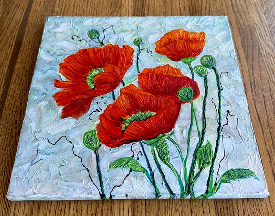 Red Poppy Blooms Contemporary Original Palette Knife Painting