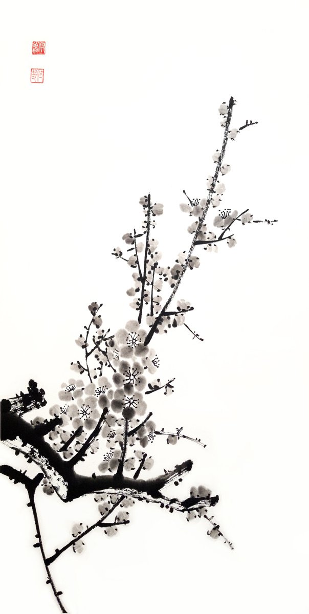 Ink monochromatic plum - Oriental Chinese Ink Painting by Ilana Shechter