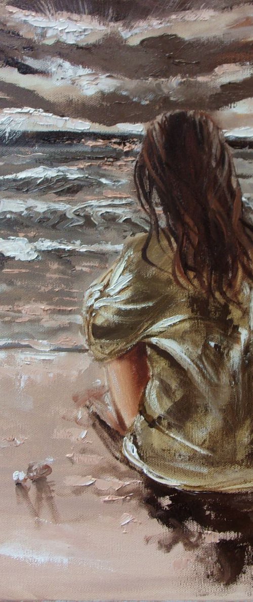 " LISTENING TO THE SEA ... " original painting SEA spring palette knife GIFT by Monika Luniak