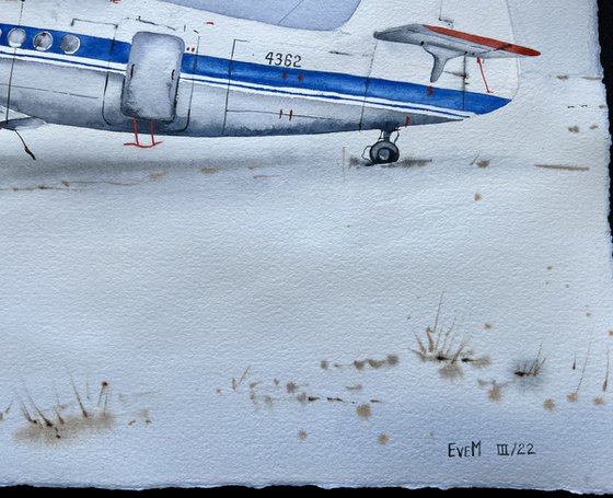 The plane is parked. Original watercolor artwork.