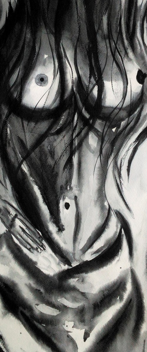 Woman nude original watercolor painting by Halyna Kirichenko