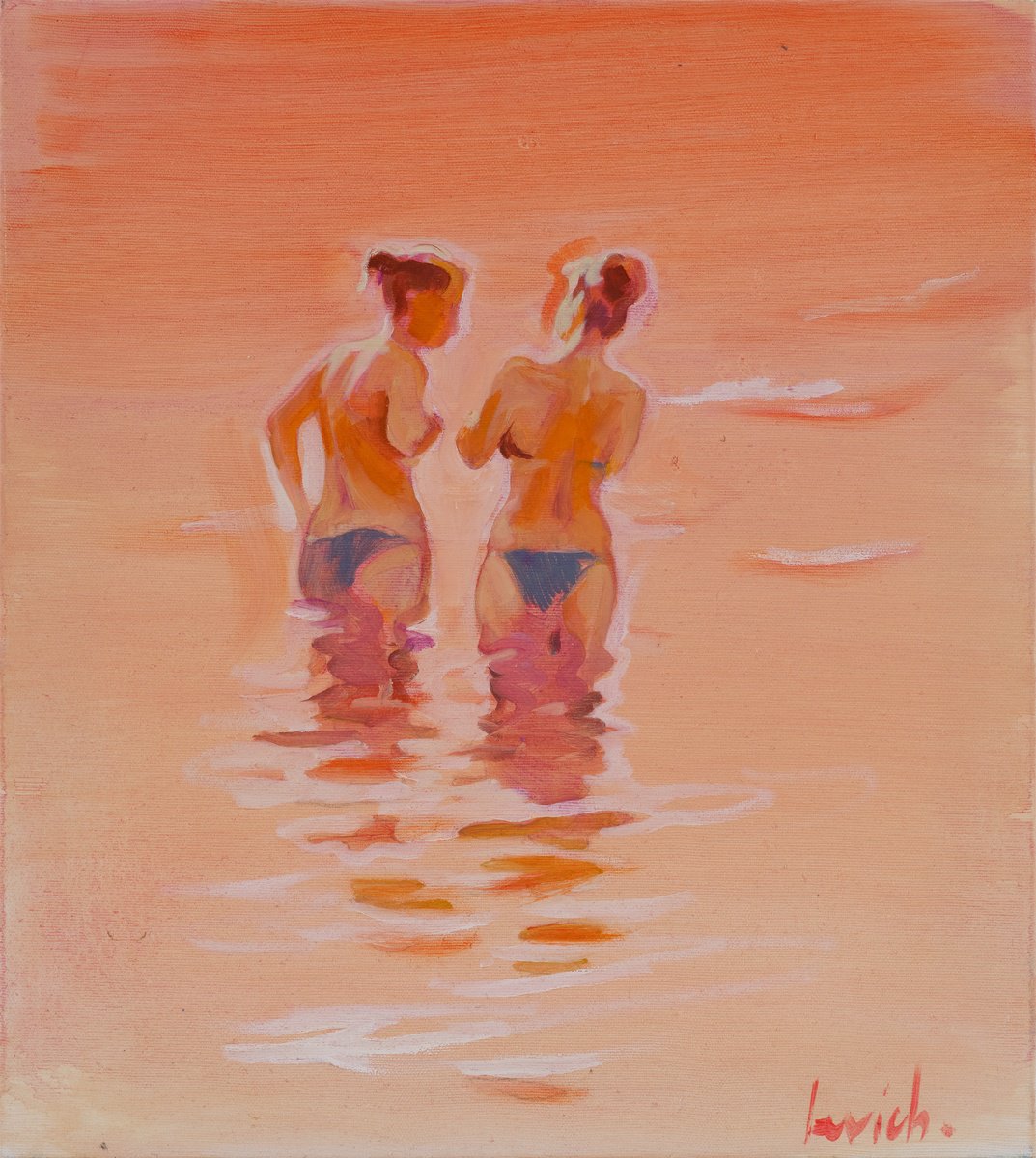 Expressive Oil Painting , Bathing At Sunset By Alexander Levich, 16 X 18, Artwork For Sale On Artfinder