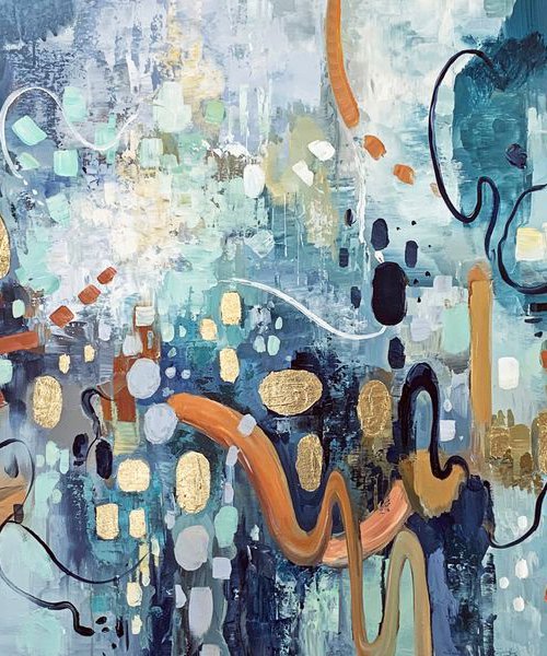 Finding Daylight - Abstract Painting 60" x 30" Large Abstract Gold Leaf Soft Colors White Gray Painting by Lana Guise