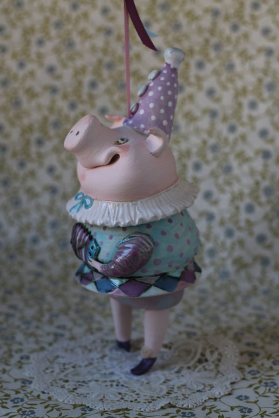 Happy Piglet Playing Accordion . Wall sculpture, bell doll by Elya Yalonetski