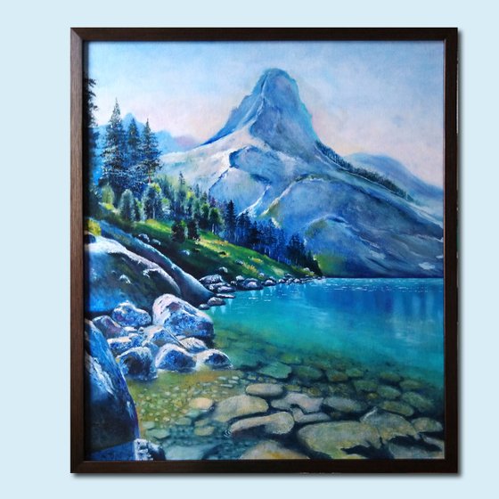 Blue lake - oil painting with mountains and lake