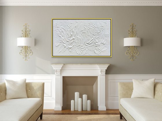 WHISPER. Abstract White Textured 3D Art, Coastal Painting