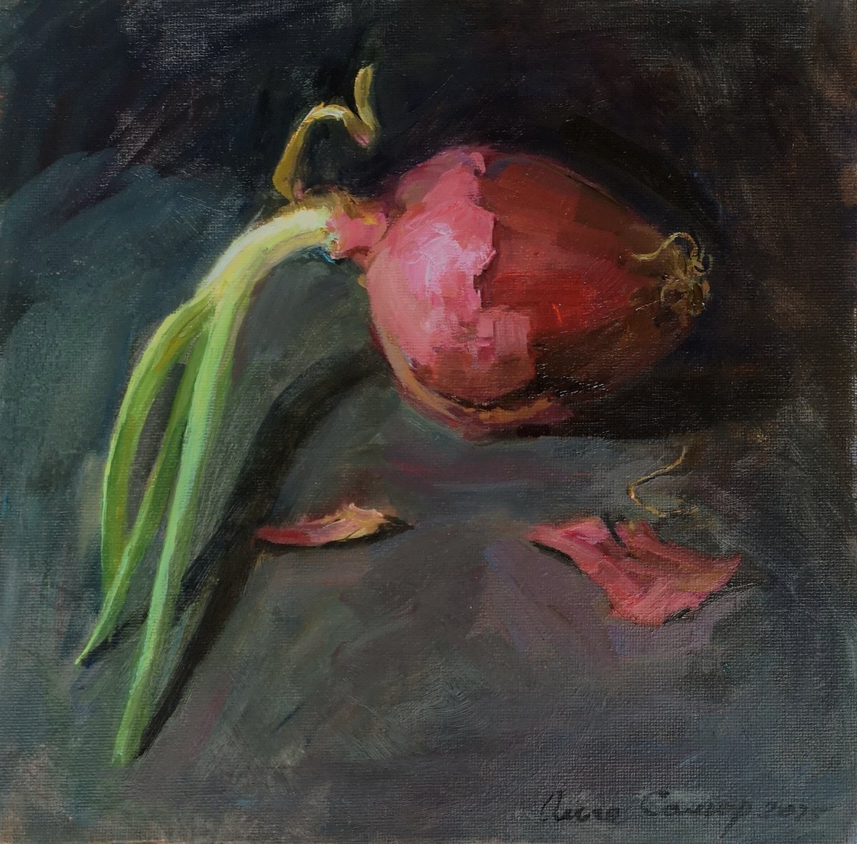 Impressionistic Still Life Oil Painting By Olga Samar, 10 X 10", Red-Green, Original Artwork