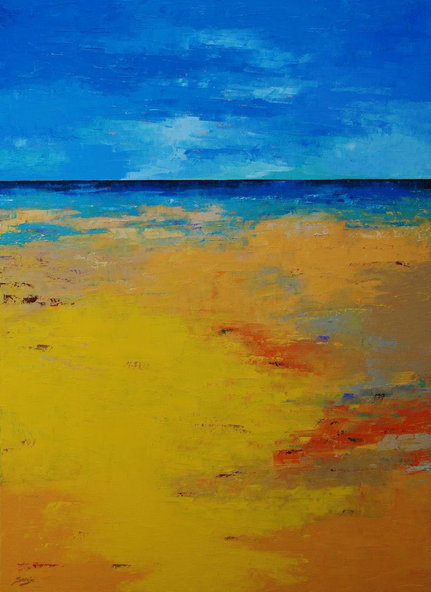 Abstract Landscape Oil Painting By Saroja Van Der Stegen, 30 X 41", Yellow Beach I (Ref#:1239-40P), Original Artwork