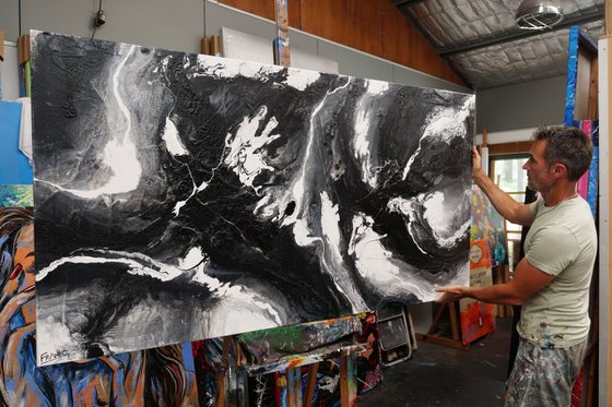 Iced Nero 190cm x 100cm Black White Textured Abstract Art