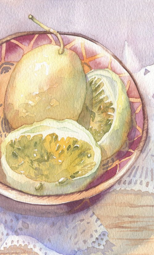 Ukrainian watercolour. Passion fruit in a wooden plate by Nina Zakharova