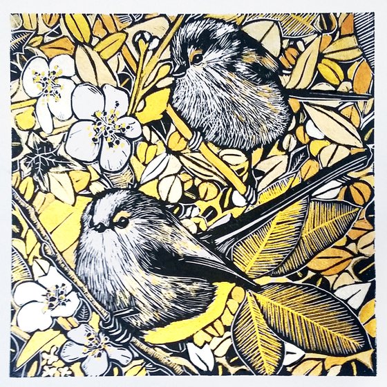 The hedgerow long tails - in golden watercolours - framed and ready to hang -(Aegithalos caudatus or long tailed tits)